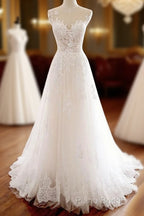 White Round Neck Tulle Lace Long Formal Prom Dresses White Tulle Wedding Dresses