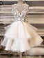 White round neck tulle lace short prom dress, white homecoming dress