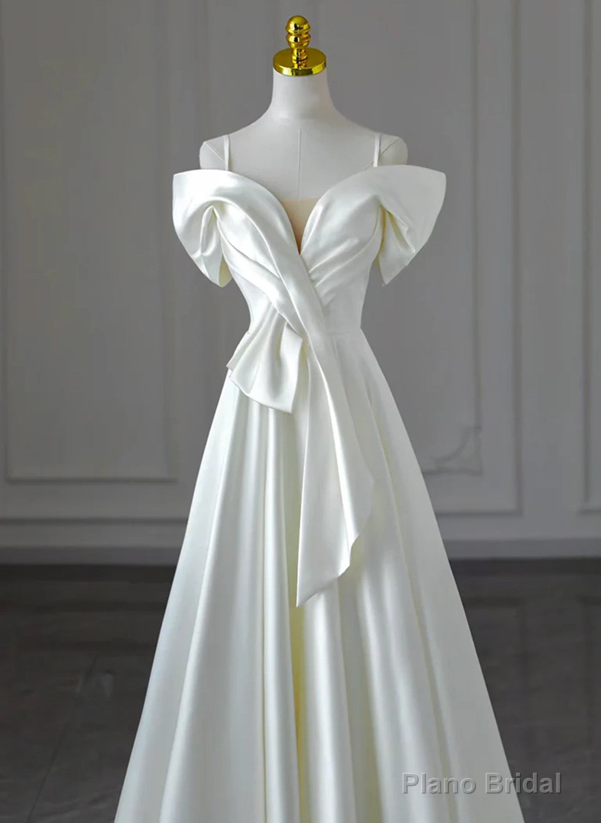 White Satin A-line Off Shoulder Evening Dress, White Satin Long Wedding Party Dress Secondary image