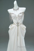 White Satin A-Line Sweetheart Beaded Long Formal Prom Dresses, Elegant Adult Ceremony Graduation Formal Prom Dresses