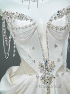 White Satin A-Line Sweetheart Beaded Long Formal Prom Dresses, Elegant Adult Ceremony Graduation Formal Prom Dresses