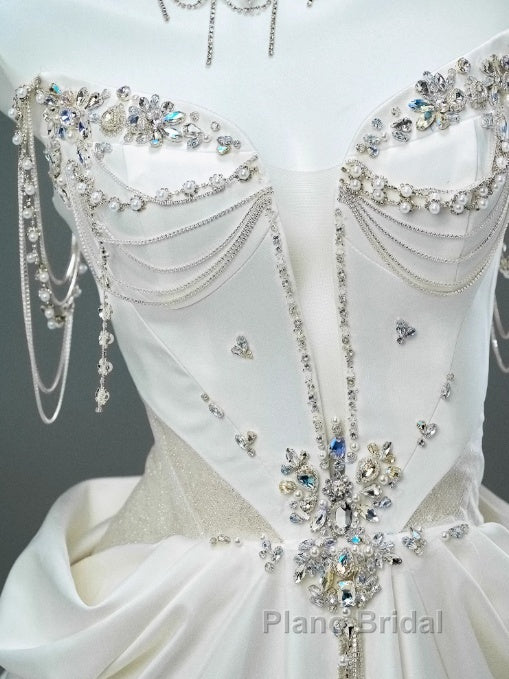 White Satin A-Line Sweetheart Beaded Long Formal Prom Dresses, Elegant Adult Ceremony Graduation Formal Prom Dresses