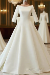 White Satin Backless 3/4 Sleeve Wedding Dresses Party Formal Prom Dresses