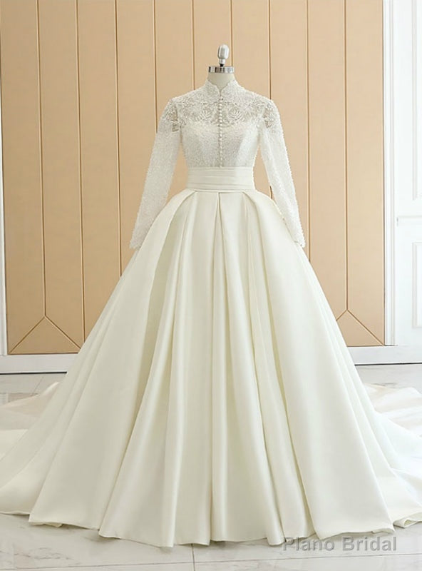 White Satin High Neck Long Sleeve Wedding Dress With Button Main image