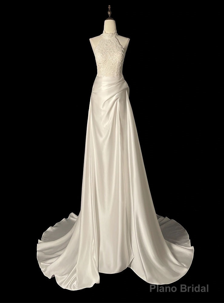 White Satin Lace Halter Wedding Dress