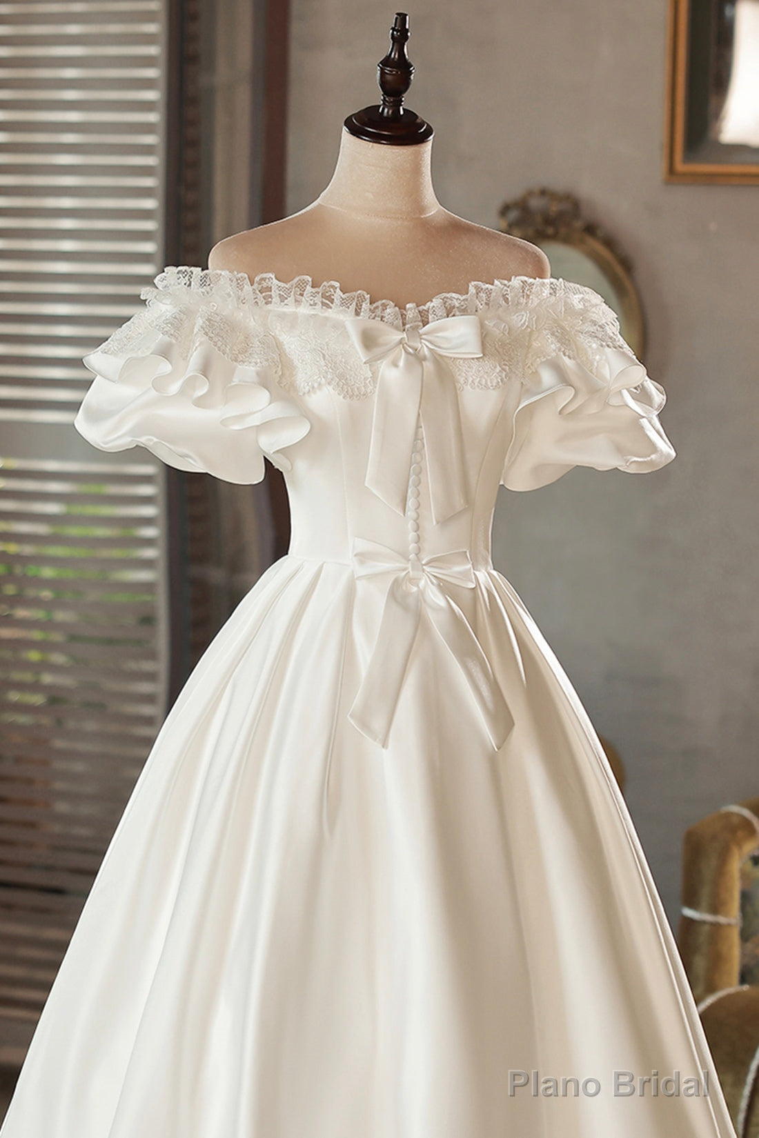 White Satin Lace Off Shoulder Prom Dress, White Evening Dress, Wedding Dress