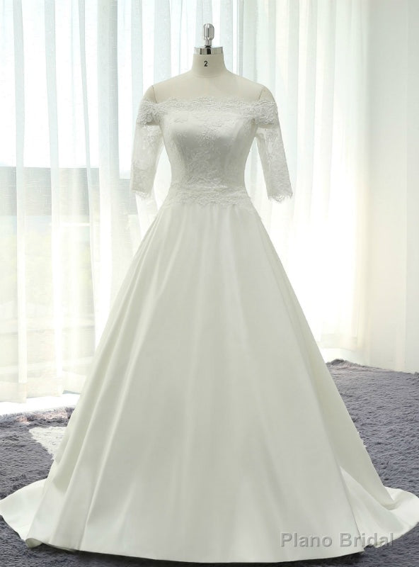 White Satin Lace Off The Shoulder Short Sleeve Wedding Dress With Lace Train Main image