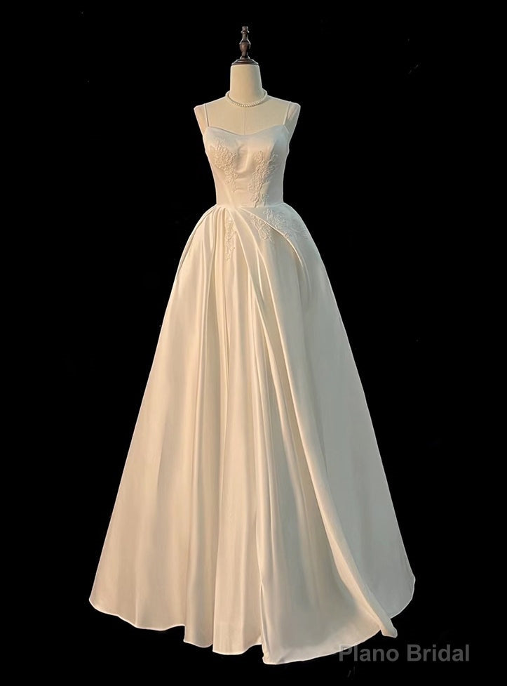 White Satin Lace Spaghetti Straps Wedding Dress