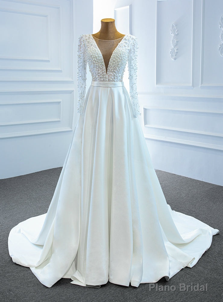 White Satin Long Sleeve Illusion V-neck Pearls Wedding Dress Main image