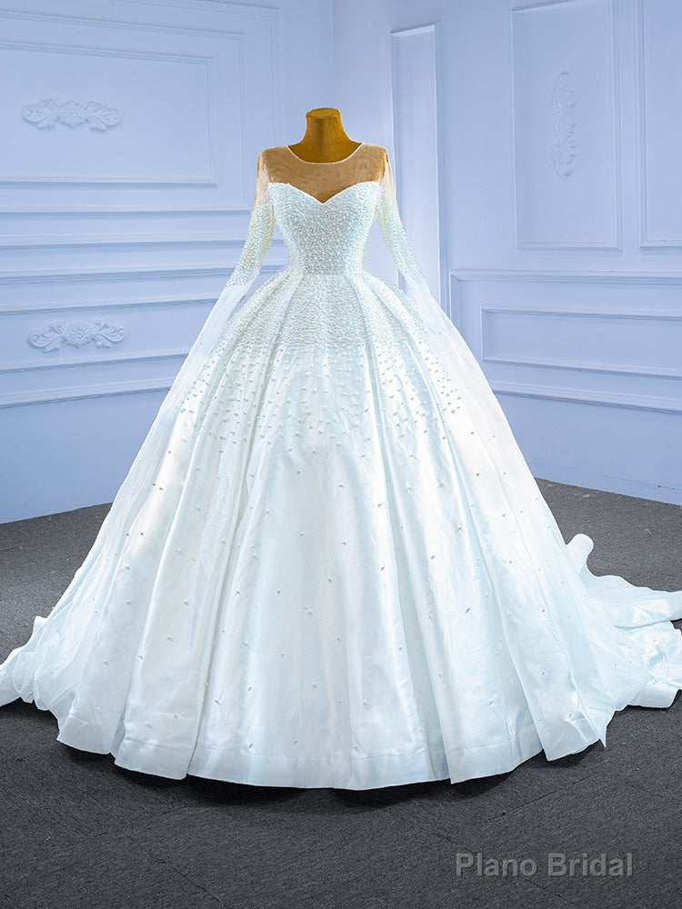 White Satin Long Sleeve Pearls Illusion Neck Wedding Dress Main image
