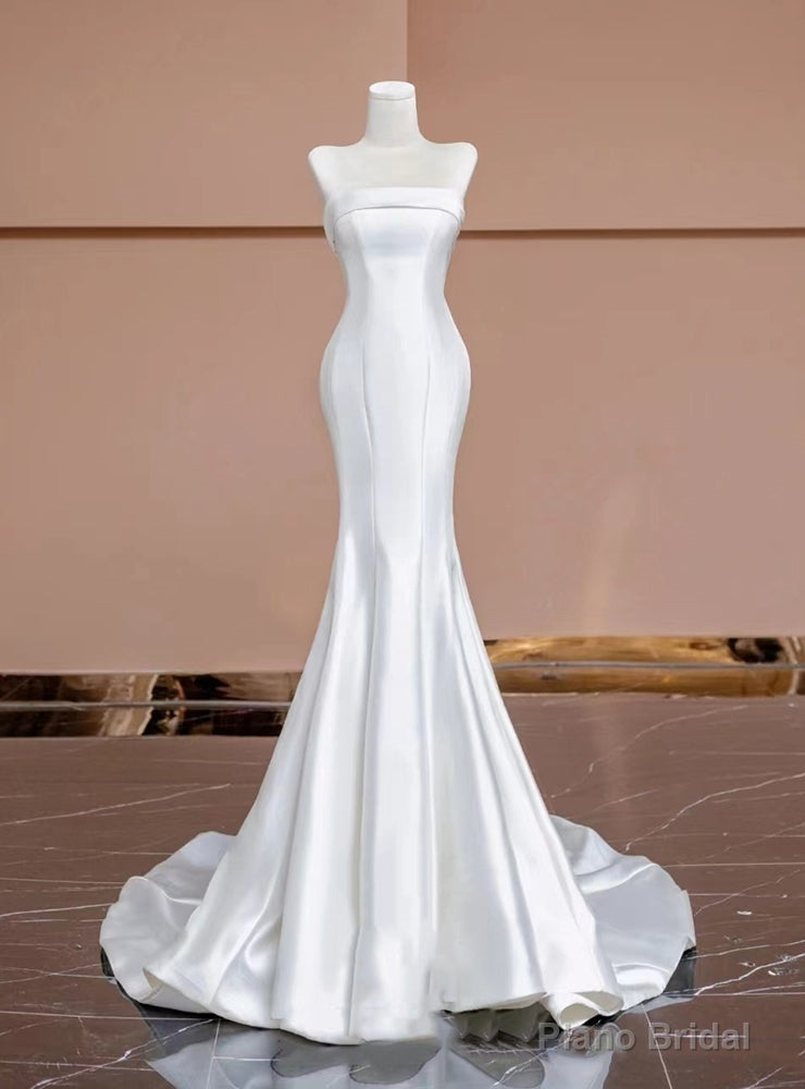 White Satin Mermaid Strapless Wedding Dress Main image