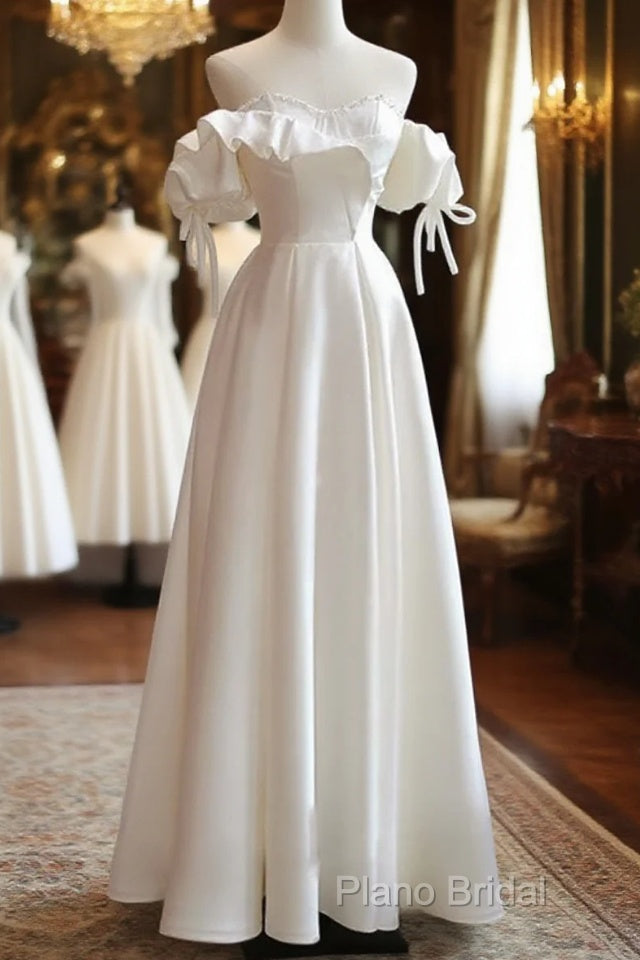 White Satin Off Shoulder Beaded Sweetheart Formal Dresses, White Long Formal Prom Dresses Main image