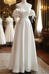 White Satin Off Shoulder Beaded Sweetheart Formal Dresses, White Long Formal Prom Dresses