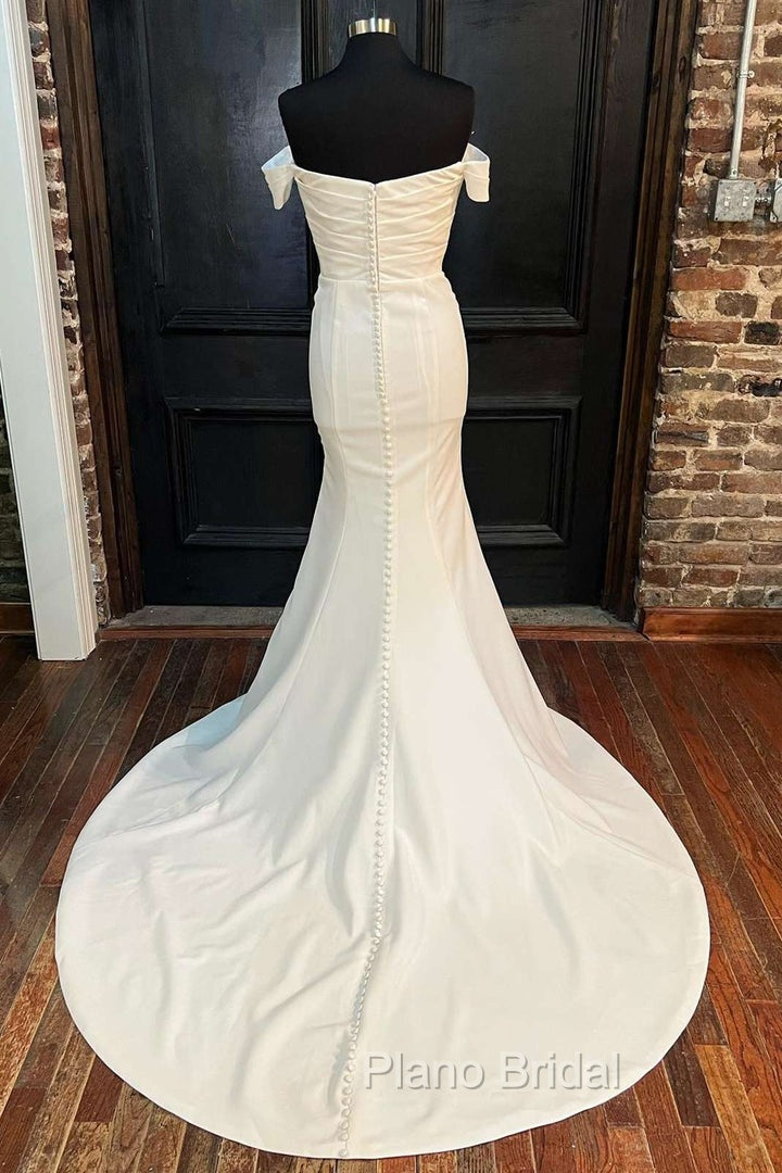 White Satin Off-The-Shoulder Mermaid Long Wedding Dresses Pure Color