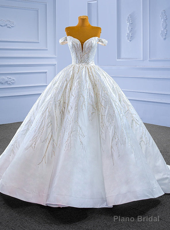 White Satin Off the Shoulder Sequins Appliques Wedding Dress