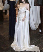 White Satin Formal Prom Dresses Satin A-Line Long Scoop Long Evening Dresses