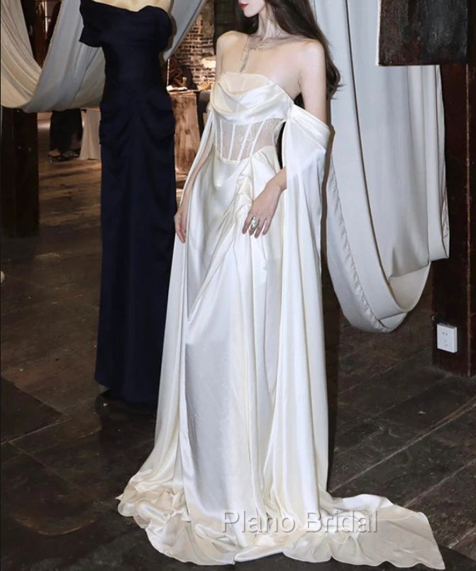 White Satin Formal Prom Dresses Satin A-Line Long Scoop Long Evening Dresses