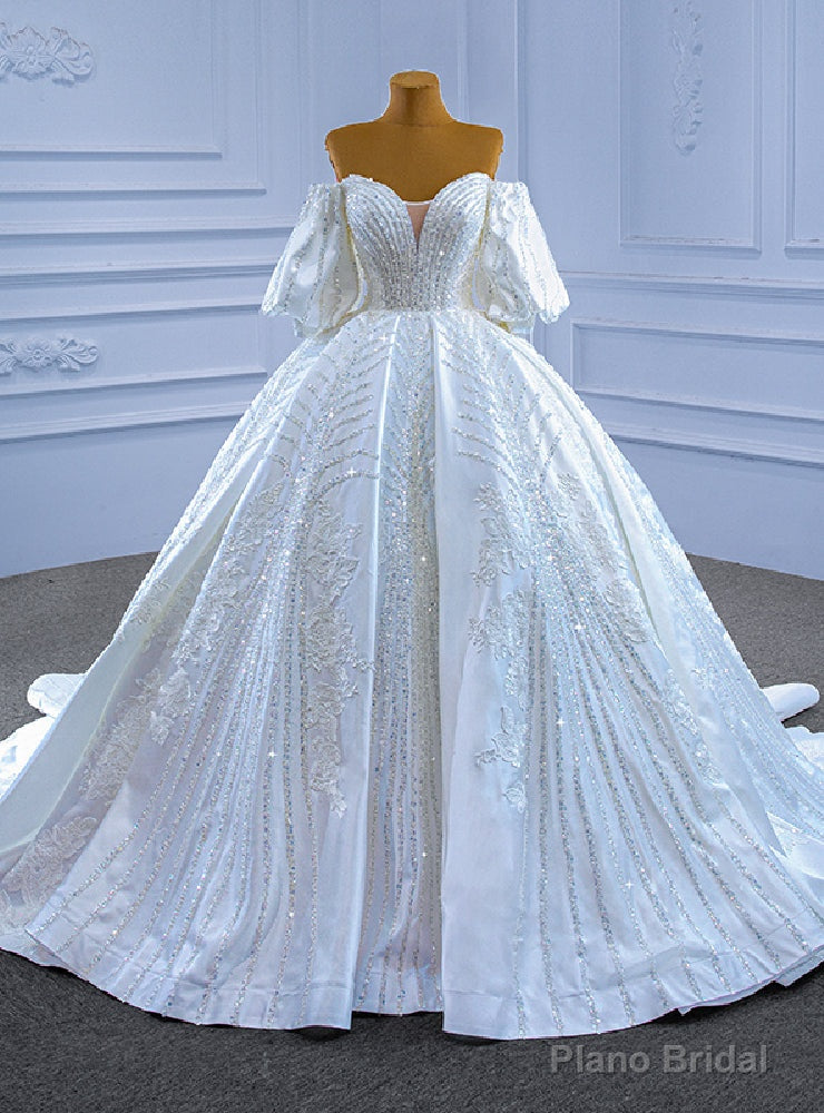 White Satin Puff Sleeve Beading Sequins Wedding Dress Main image