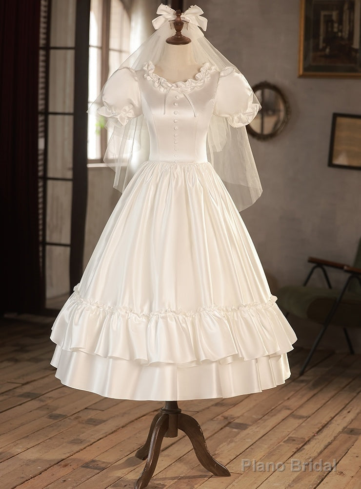 White Satin Puff Sleeve Button Wedding Dress