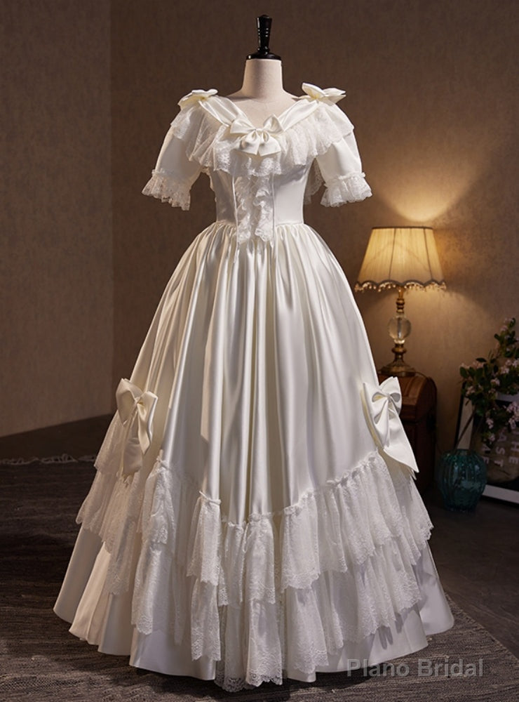 White Satin Short Sleeve Bow Wedding Dress Main image