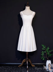 White Satin Spaghetti Straps Knee Length Prom Dress