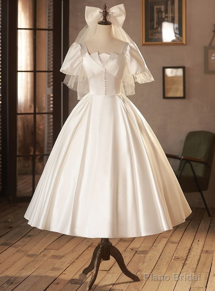 White Satin Square Neck Short Sleeve Button Wedding Dress Main image