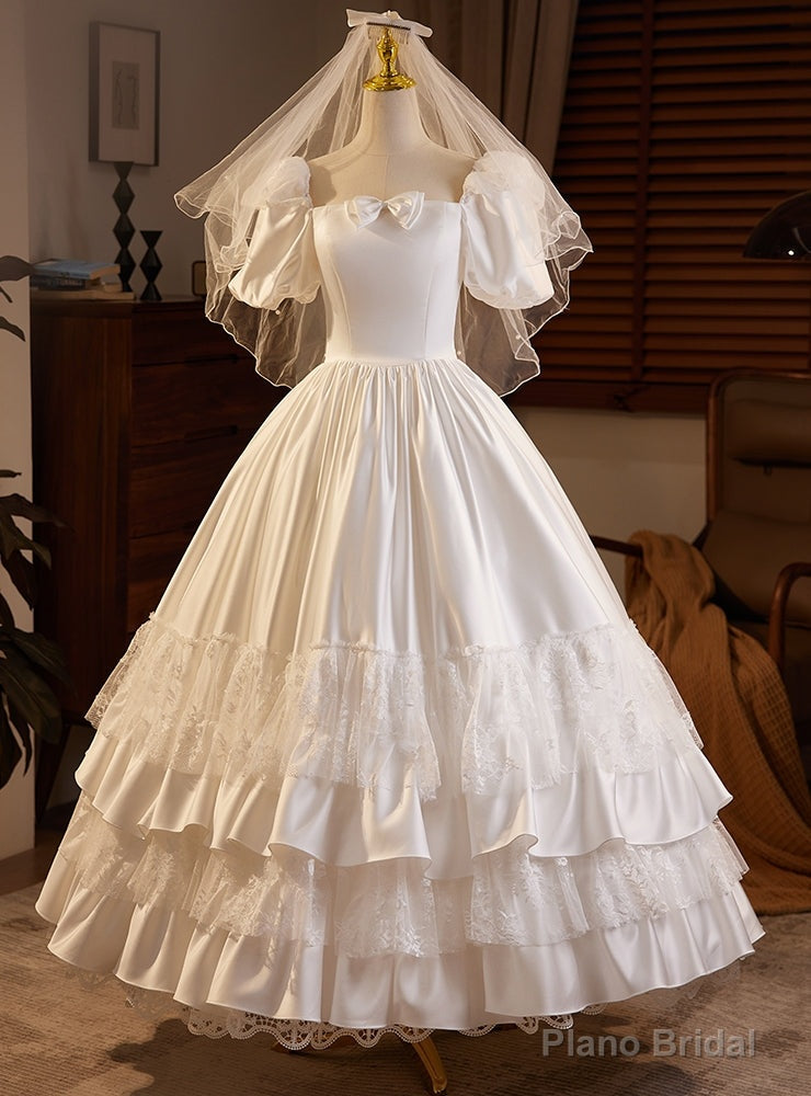 White Satin Square Puff Sleeve Vintage Wedding Dress Main image