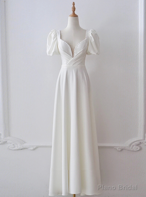 White Satin Square Puff Sleeve Wedding Dress Main image