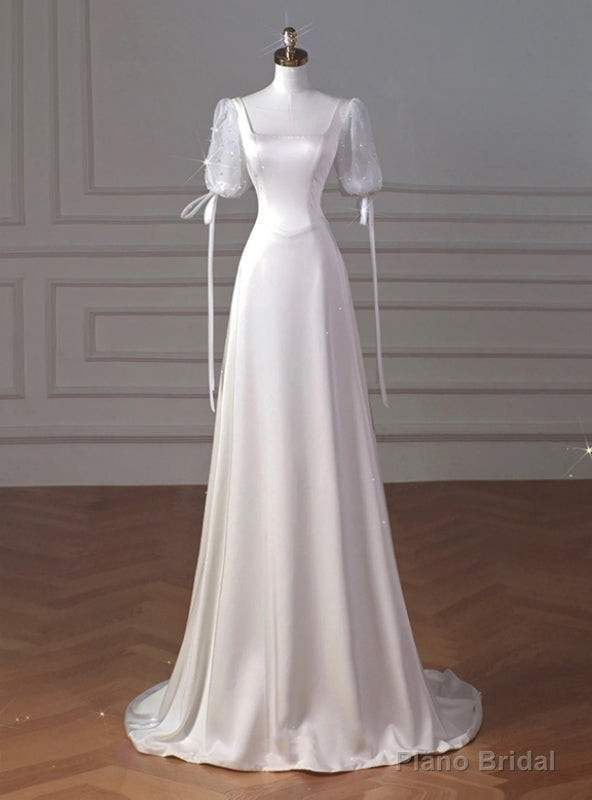 White Satin Square Short Sleeve Wedding Dress Main image