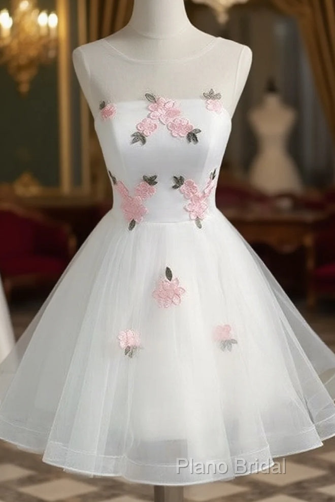 White Short Cute Graduation Party Dresses , Lovely Formal Prom Dresses , Formal Dresses Tulle With Flowers Main image