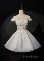 White Short Flowers Lace Short Party Dresses, White Graduation Dresses Formal Prom Dresses