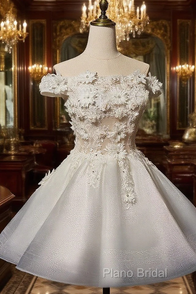 White Short Flowers Lace Short Party Dresses, White Graduation Dresses Formal Prom Dresses Main image