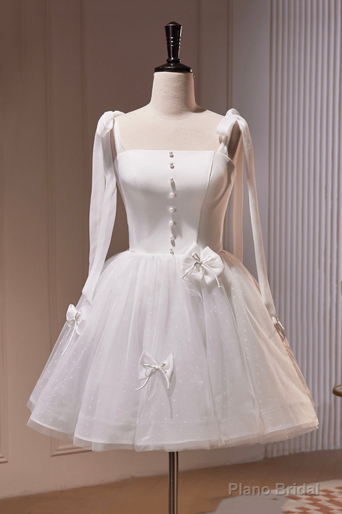 White Spaghetti Strap Short Prom Dress, White Tulle Party Dress Main image