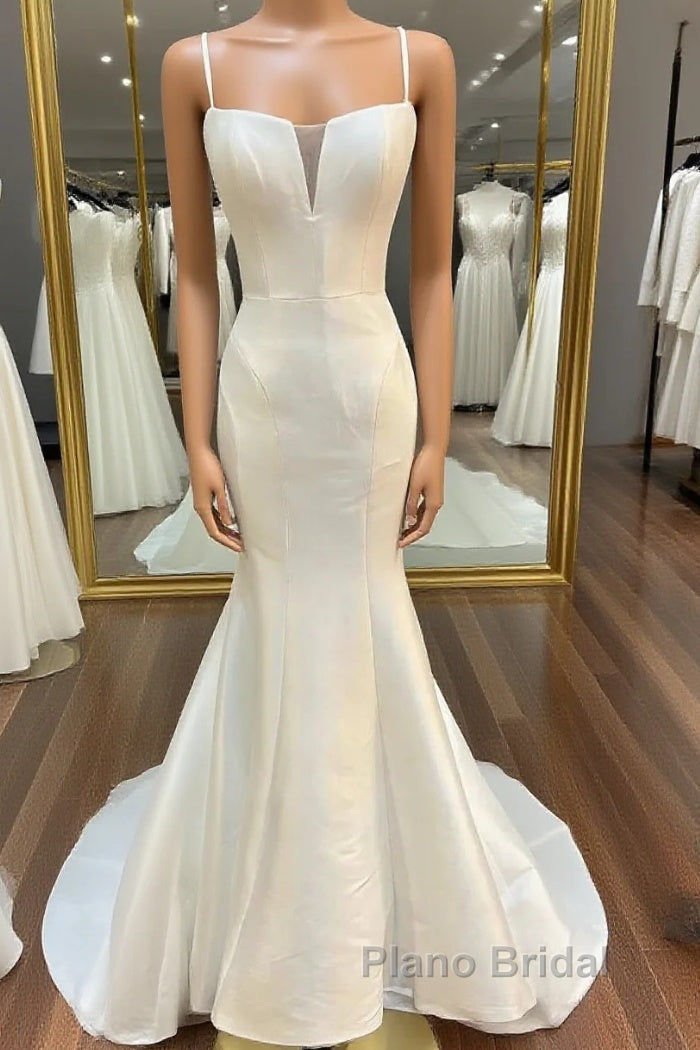 White Split Neck Trumpet Long Wedding Dresses Main image