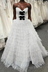 White Strapless Swiss Dot Layered Long Formal Prom Dresses