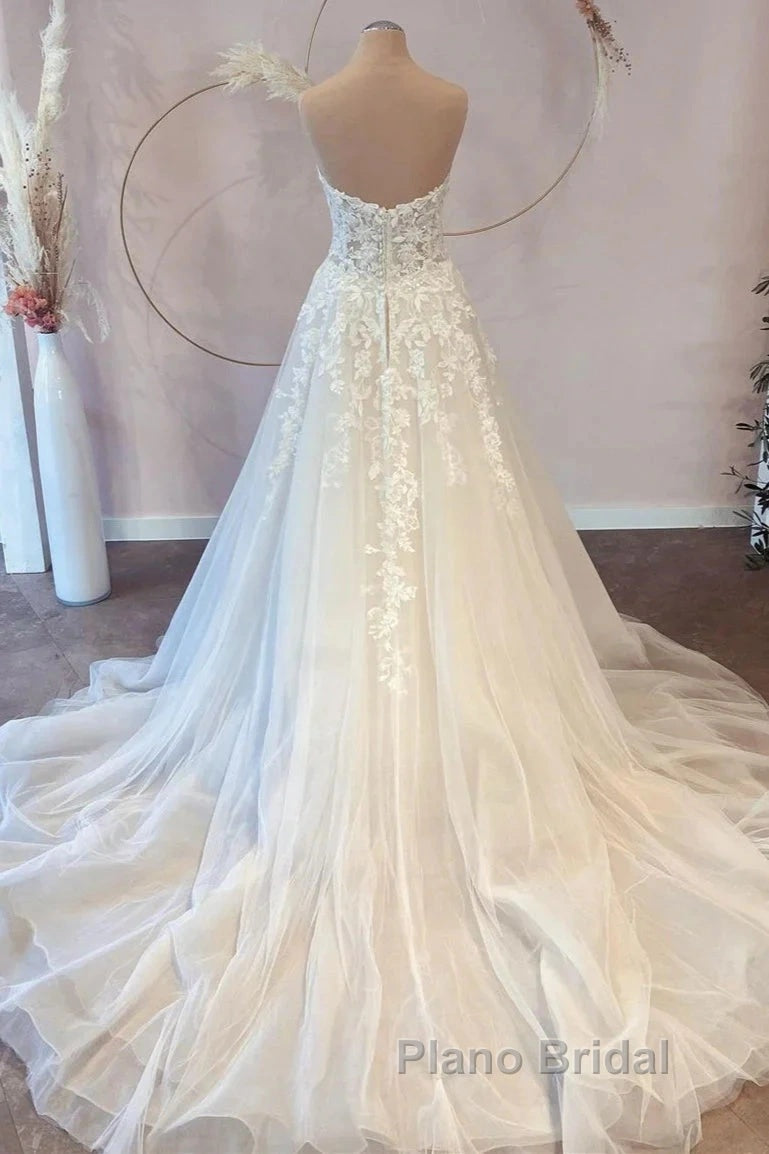 White Sweetheart A-Line Wedding Dresses Tulle Lace Bridal Dresses With Sweep Train Off Shoulder Elegant Secondary image