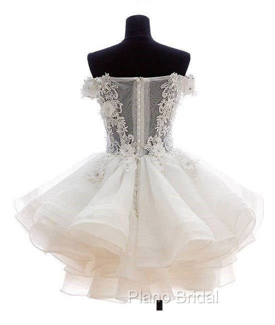 White Sweetheart Lace Applique Short Formal Prom Dresses, Cute White Homecoming Dresses