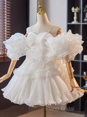 White Sweetheart Neck Organza Short Formal Prom Dresses, White Homecoming Dresses