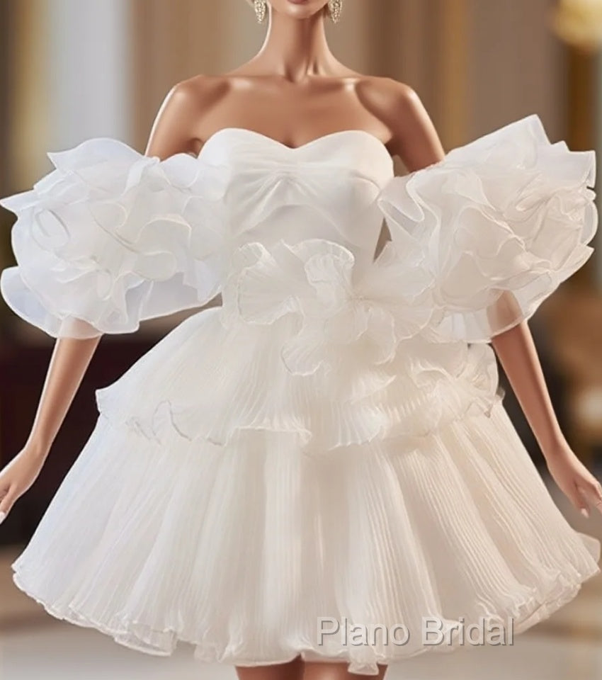 White Sweetheart Neck Organza Short Formal Prom Dresses, White Homecoming Dresses