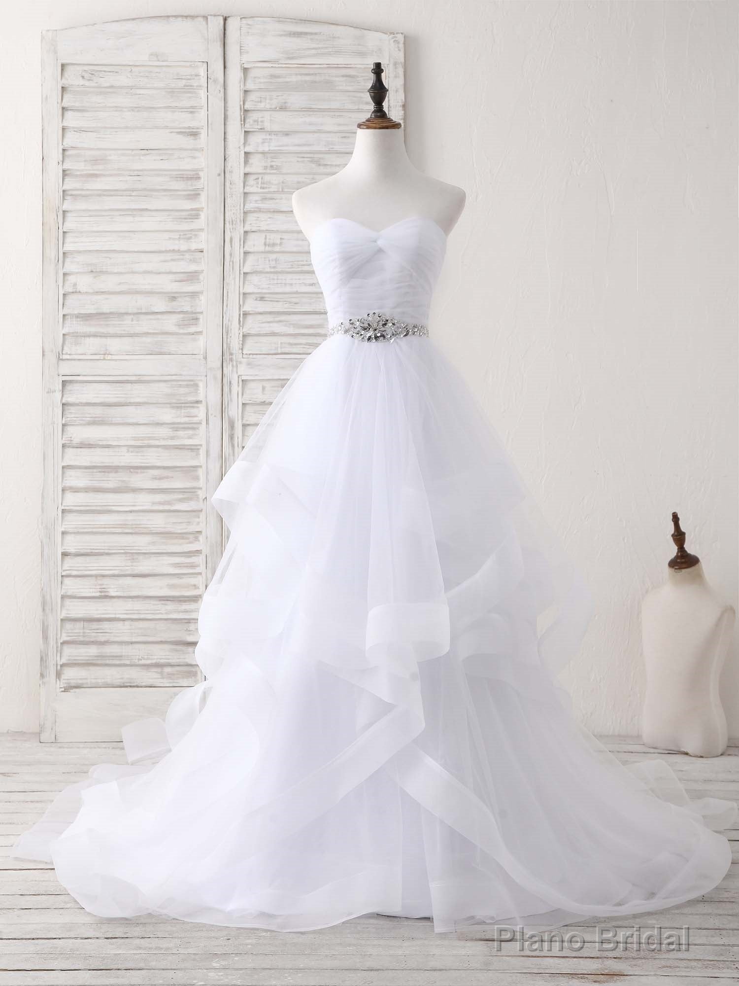 White Sweetheart Neck Tulle Long Prom Dress, White Formal Graduation Dress