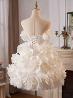 White Tulle Flower Ball Gown Short Formal Prom Dresses, Cute Sweet 16 Dresses
