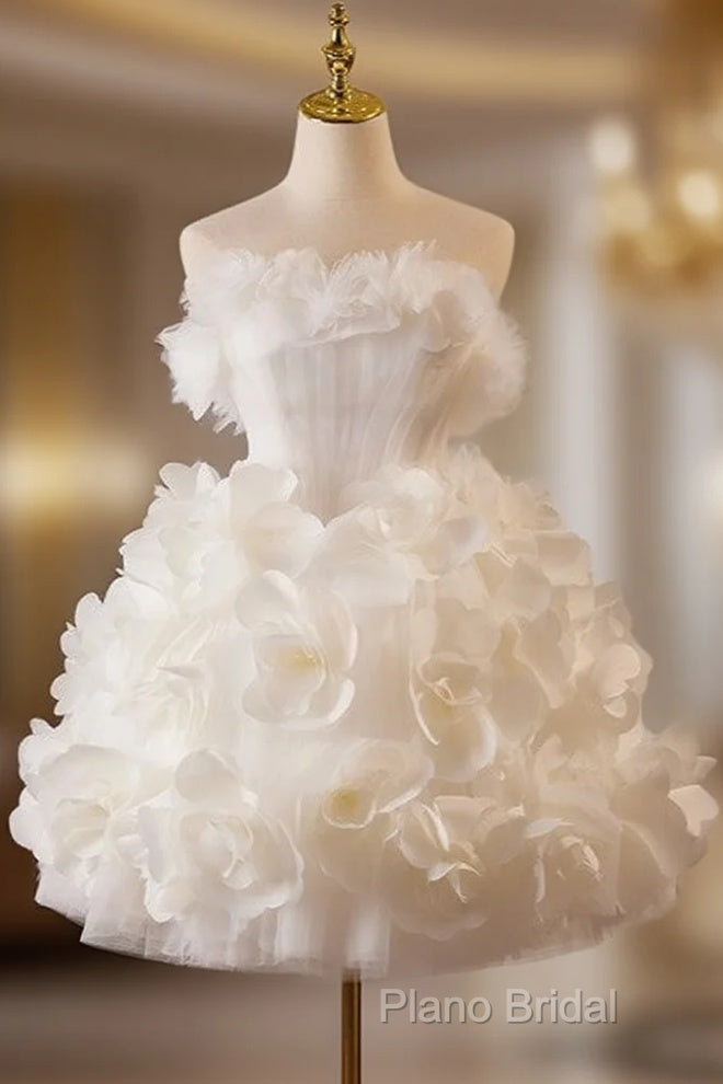White Tulle Flower Ball Gown Short Formal Prom Dresses, Cute Sweet 16 Dresses Main image