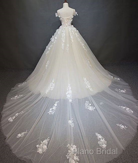 White Tulle Lace Applique Long Formal Prom Dresses, White Lace Wedding Dresses Secondary image