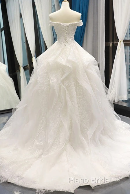White Tulle Lace Off Shoulder Long Formal Prom Dresses White Lace Wedding Dresses Secondary image