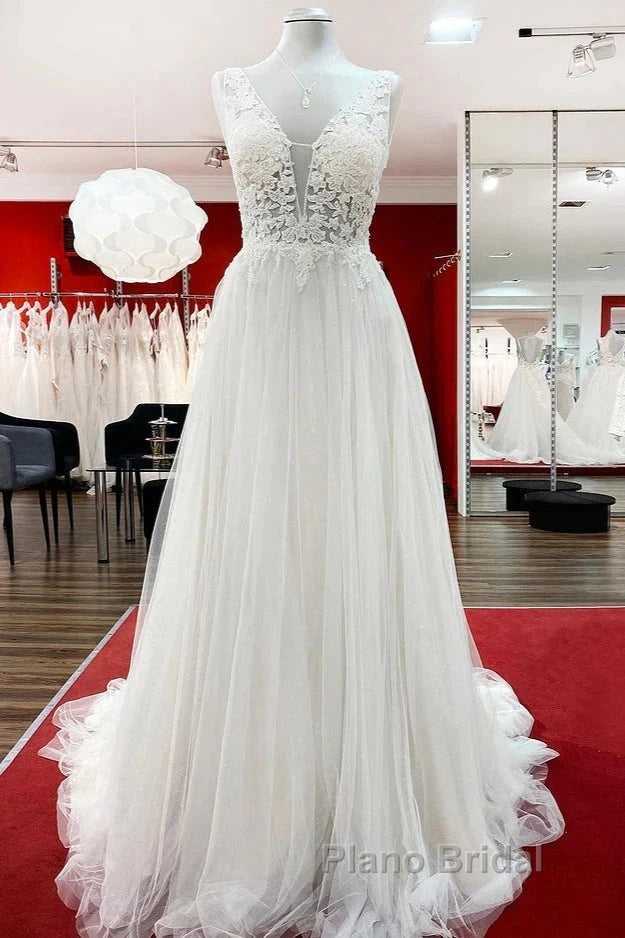 White Tulle Lace Wedding Dresses A-Line V Neck Bridal Dresses With Sweep Train Sleeveless Floor Length