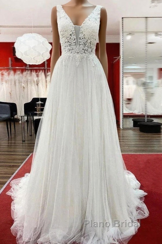 White Tulle Lace Wedding Dresses A-Line V Neck Bridal Dresses With Sweep Train Sleeveless Floor Length