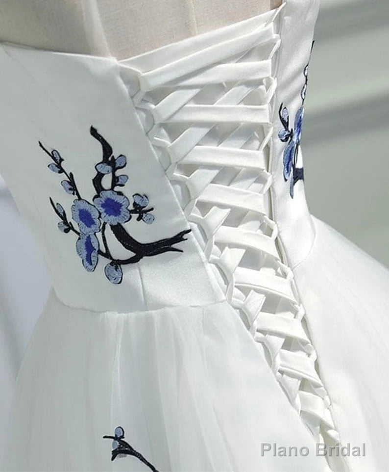 White Tulle Long A-line Prom Dress, White Graduation Dress