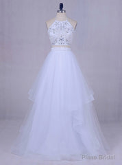 White Tulle Long Graduation Beading Halter Backless 2 Piece Prom Dress