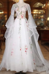 White Tulle Long Sleeves A-Line Wedding Party Dresses, White Tulle Formal Prom Dresses