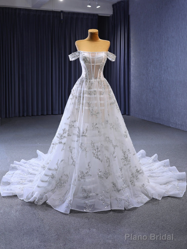 White Tulle Off the Shoulder Beading Sequins Wedding Dress Main image